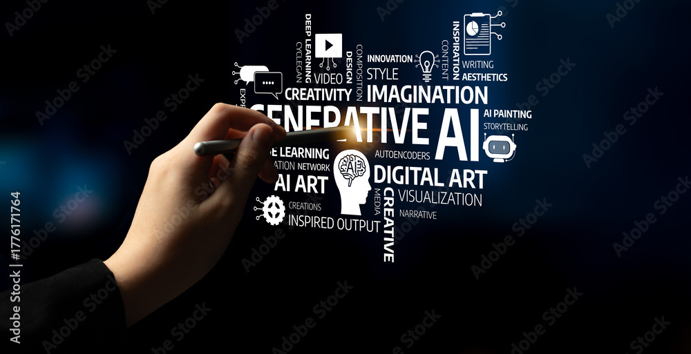 Fototapeta premium A hand grips a pen, crafting concepts of generative AI. This image explores the intersection of creativity and technology, illustrating modern digital art. Tessel