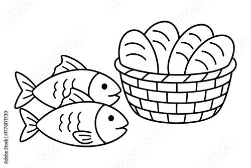 Loaves and fishes in simple line art, symbolizing abundance and sharing