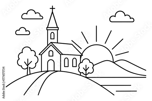 Minimalistic church scene with sunrise and nature elements