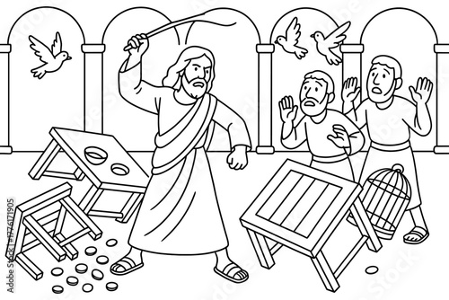 Biblical scene outline: jesus cleansing the temple with merchants and animals