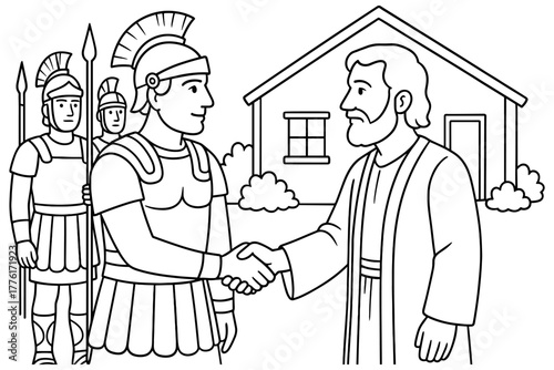 Ancient roman soldier handshake scene in line art with historical figures