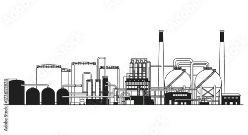 Industrial factory complex with storage tanks and smokestacks against a white background architectural illustration