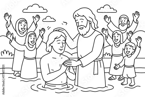 Baptism scene with joyful onlookers in simple line art style
