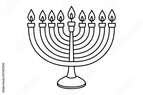 Black and white menorah outline with nine candles for hanukkah celebration designs
