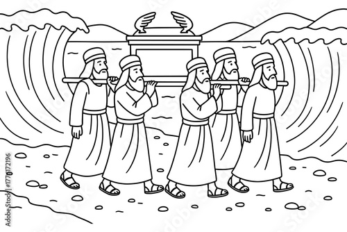 Biblical scene with priests crossing river with ark of the covenant in linear style