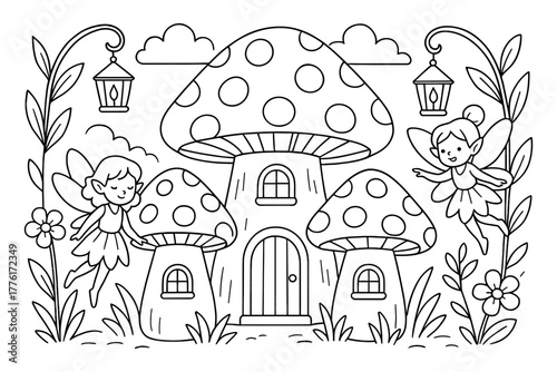 Whimsical fairyland scene with mushroom house and cute fairies in outline style