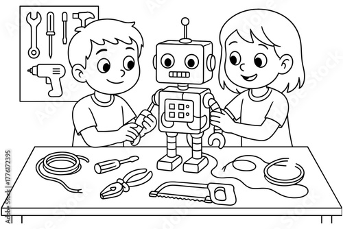 Children assembling robot: engaging robotics activity for kids in black and white