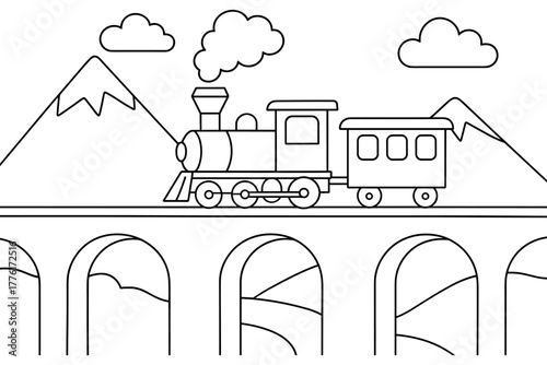 Steam locomotive on bridge in mountainous landscape outline design