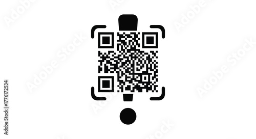 A vertical qr code with rounded corner guides and a small black dot below it on a white background