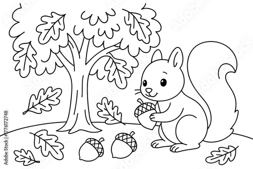 Cute cartoon squirrel collecting acorns under oak tree in autumn scene