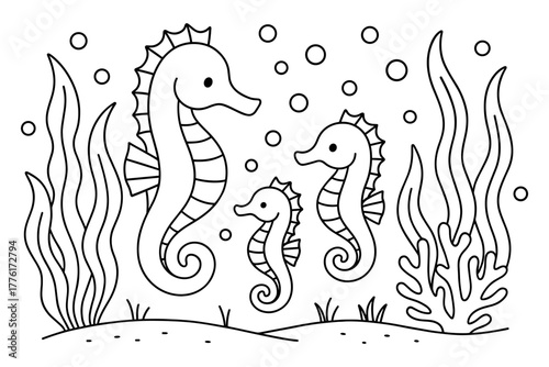 Cute seahorse family in underwater scene with coral and bubbles for coloring pages