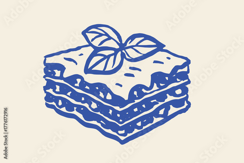 Lasagna slice with basil, naive sketch vector illustration