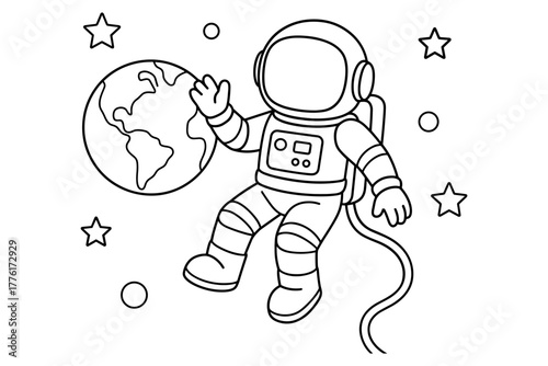 Astronaut floating in space with earth in simple line art style