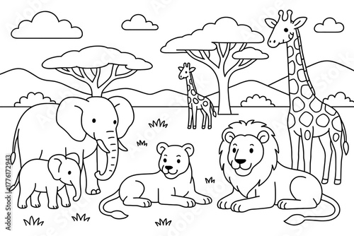 African wildlife coloring page with lions, elephants, and giraffes in simple outline style