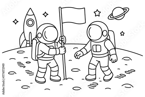 Astronauts on lunar mission in outer space with rocket and planet in background