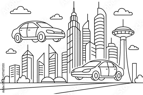 Futuristic cityscape with flying cars in linear style