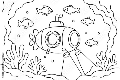 Underwater exploration scene with submarine and fish in linear style