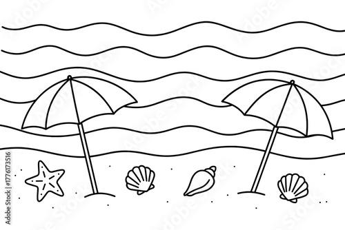 Beach scene with umbrellas and seashells in linear black and white design