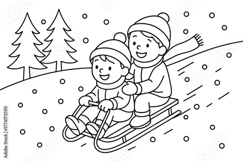 Children sledding on snowy hill in winter scene coloring page