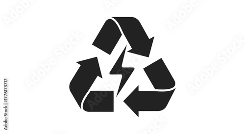 Black recycling symbol with a lightning bolt in the center representing renewable energy and sustainability