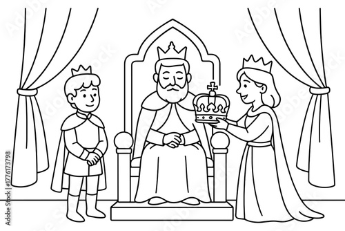 Royal family coloring page with king, queen, and prince on throne