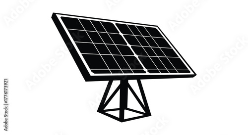 Isolated black and white illustration of a single solar panel mounted on a sturdy tripod stand