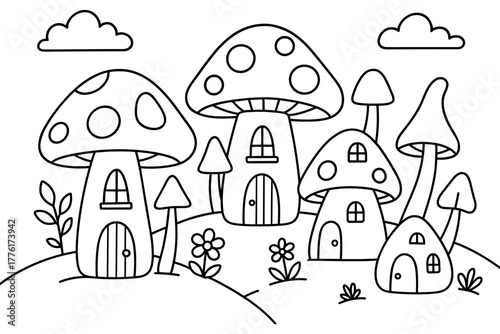 Whimsical mushroom houses in a fantasy landscape coloring page for kids