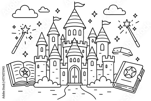 Magical castle with books and wands in line art fantasy design