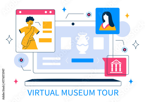 Virtual Museum Tour Vector Illustration Featuring A Modern Art Museum Where All Exhibits Are Digitally Displayed With Interactive Art Gallery Elements