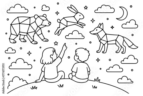 Children watching origami animals in night sky