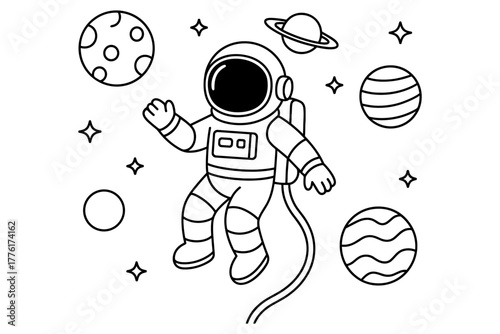 Space explorer astronaut with planets and stars in simple outline style
