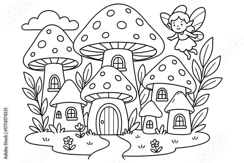 Enchanting fairyland with mushroom houses and flying fairy in a magical forest