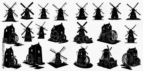 A collection of detailed black silhouette illustrations featuring various traditional windmills and watermills, showcasing different designs and historical structures.