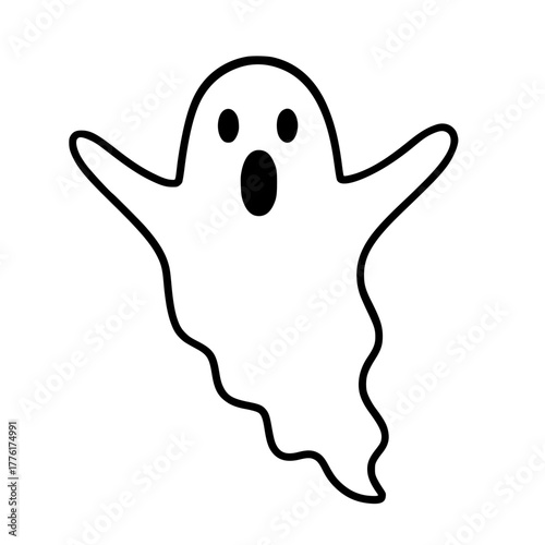 Simple Black and White Outline of Cartoonish Halloween Ghost
