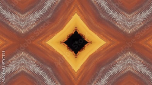 Abstract kaleidoscope animation with golden and black symmetrical patterns. Hypnotic fractal motion background ideal for music visuals, stage shows, VJ loops, and digital art projects.