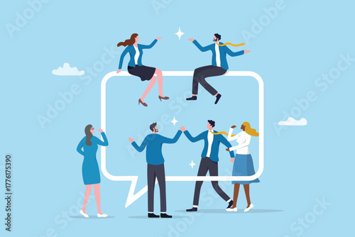 Community discussion, communication or collaboration to success, meeting dialogue message, talk or team conversation sharing opinion, business people teamwork with speech bubble communication talking.