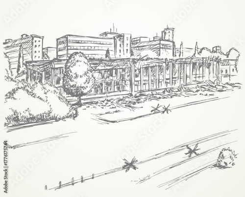 Vector illustration of a building destroyed by an explosion.