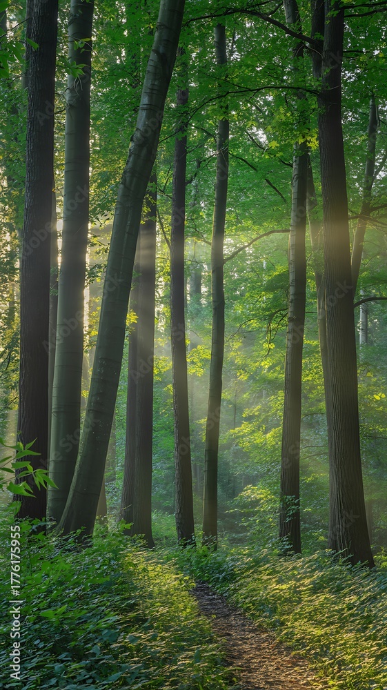 Naklejka premium Sunlight filtering through lush green forest trees