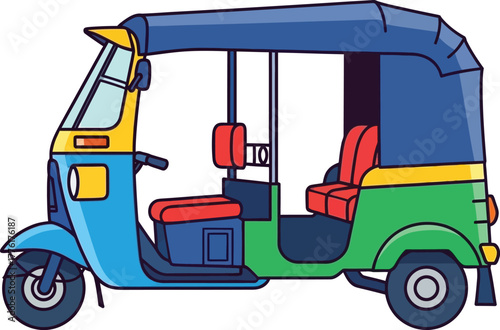 Colorful auto rickshaw vehicle from side view ideal for transportation and travel concepts isolated on transparent background