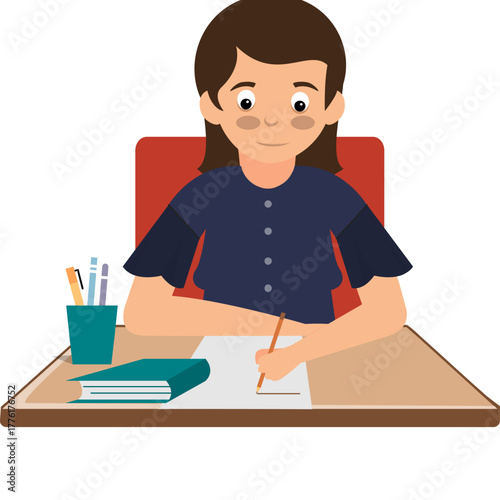 Illustration of Student Writing at Desk