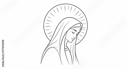 Side Profile Virgin Mary Vector with Radiant Halo Minimal Black & White