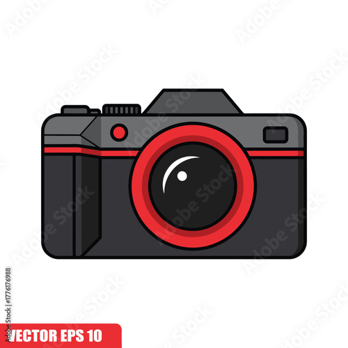 Modern Digital Camera with Red Lens and Black Body Design. Perfect for photography, technology, or creative design themes in vector or icon projects.
