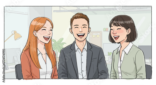 Smiling diverse colleagues share a moment of laughter and joy in a modern office, showcasing positive teamwork and professional collaboration in a vibrant workspace