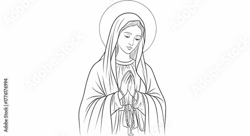 Virgin Mary Holding Rosary Black & White Line Art Vector, Isolated