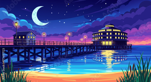 Enchanting Night Illustration Vibrant Ocean Pier and Coastal Buildings Bathed in Moonlight Glow, Reflecting on Calm Waters