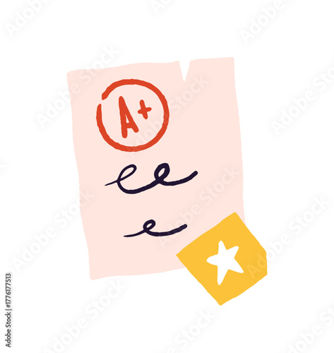 Icon high grade for school test. Paper sheet with approved exam and excellent mark for it. Good result of homework. A plus for the lesson. Flat isolated vector illustration on white background