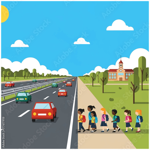 School Children Walking Home or To School Safely on the Roadside: Happy Kids with Backpacks and Mountain Landscape in Flat Design Vector Illustration