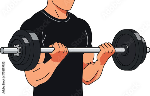 Man performing bicep curls with barbell focusing on arm muscle definition and strength training isolated on transparent background