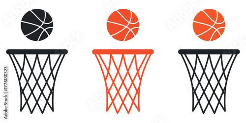 Dynamic Basketball Hoop Icon Vector Illustration. Essential logo template symbolizing Sports, Basketball Club, Athletics, Competition, Score, and Victory. Ideal for sports teams, leagues.