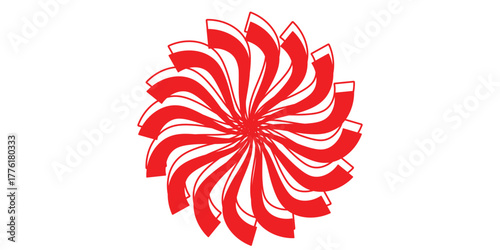 A red and white striped abstract graphic element swirling in a circular floral or pinwheel shape on a white background.